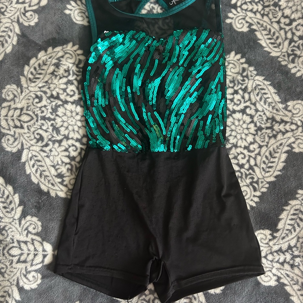 Kids Sequin Dance Costume in Teal green  and Black